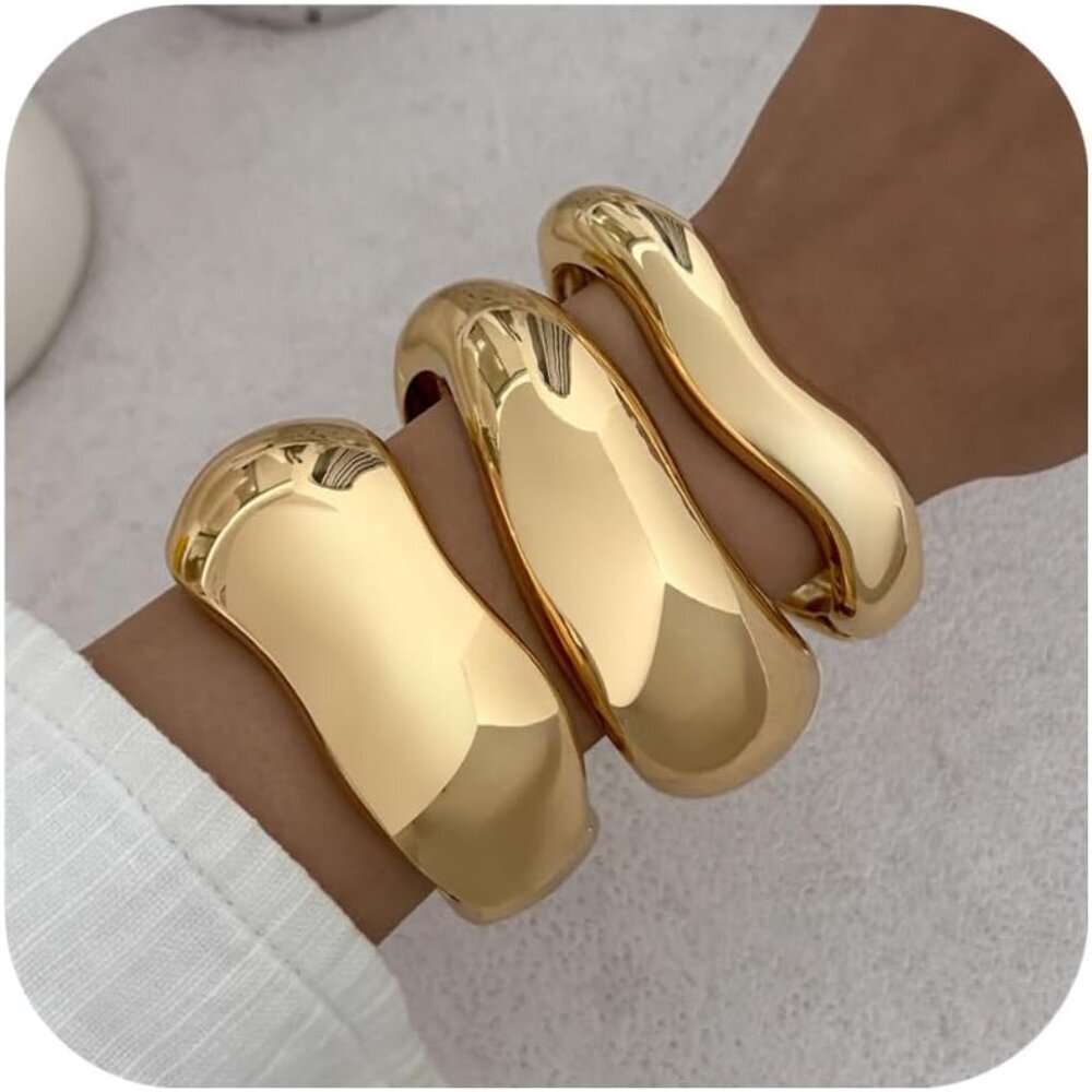Bold Chunky Gold Bangles Set - Stackable Irregula… - image 1
